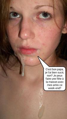Подпись на французском языке (Français Inceste): «Je suce papa, pour avoir…»