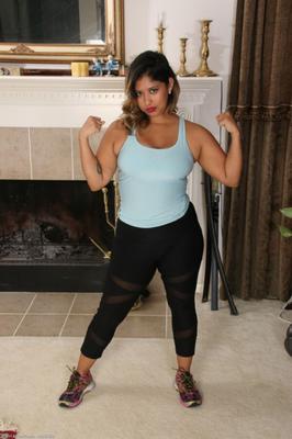 Chubby mature Latina Jamie gets naked and works out.