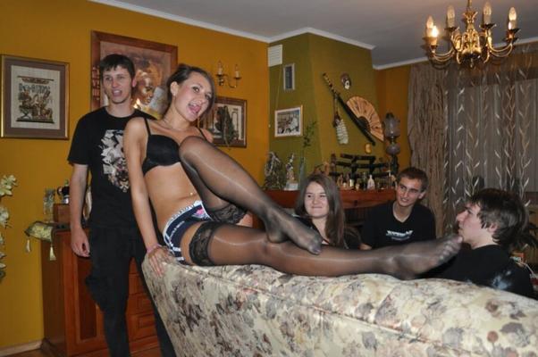 Stockings girl at party