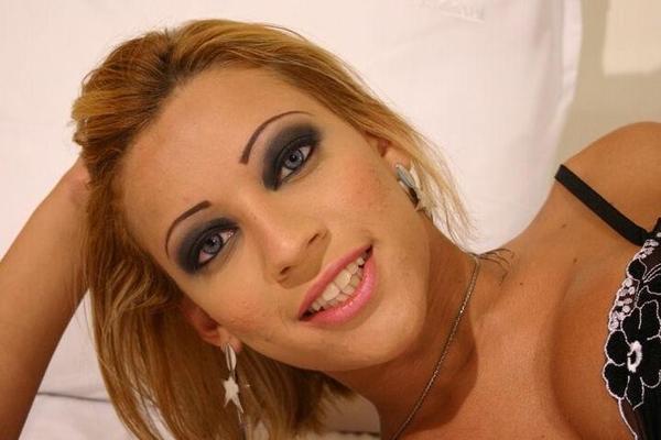 Slutty Blonde Latina Tgirl Aline Stripping on Bed