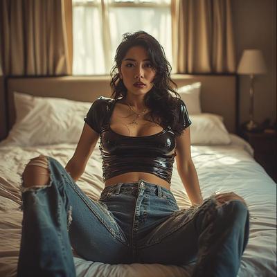 AI gerou damas asiáticas usando jeans sem gripes no hotel