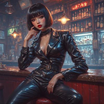 AI gerou damas asiáticas usando couro no bar